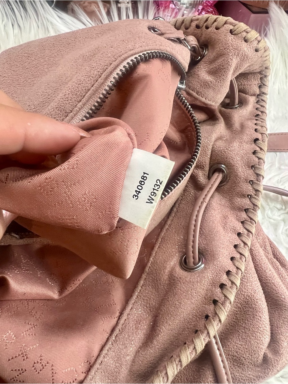 Stella McCartney Pink Suede Chain-Trim Drawstring Backpack - Picture 6 of 16